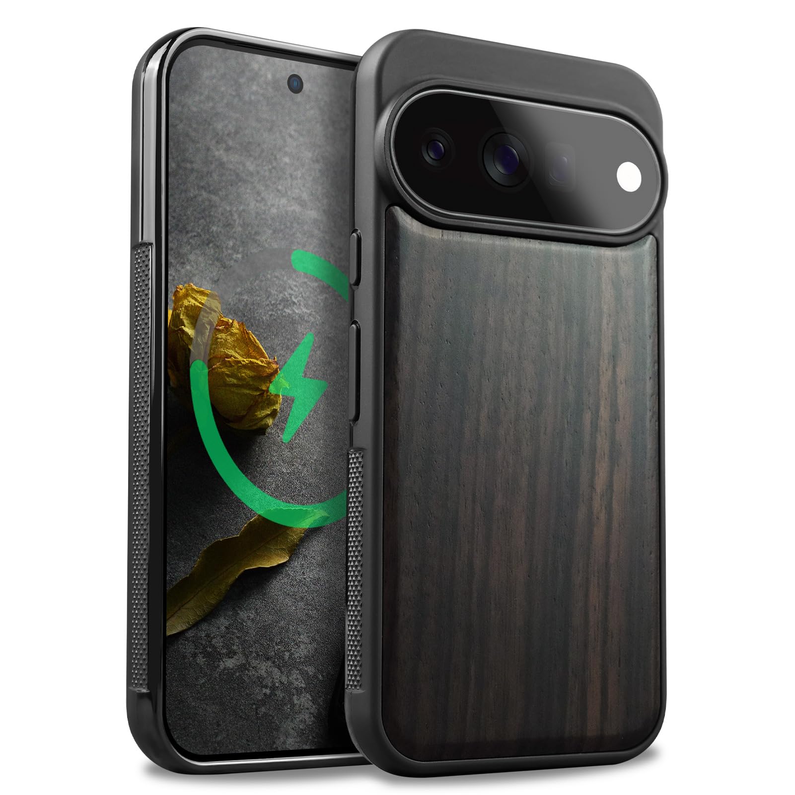 Carveit Google Pixel 11 Pro XL 用 木製 ケース 衝撃吸収TPU (黒い木-白木スタイル)