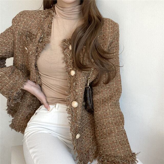 マルニ　ツイードジャケット　ノーカラー　フリンジ　モヘア混　ブラウン×グリーン 全2色 レディース ヘーゼルカラー ツイードジャケット ノーカラー