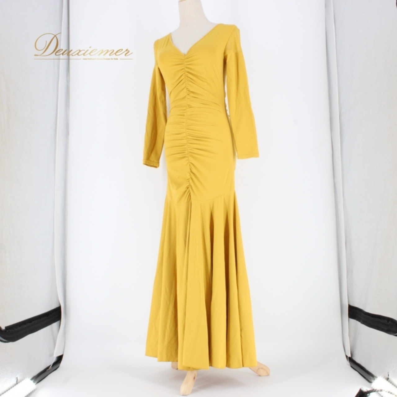 社交ダンス 衣装 スタンダード ドレス ワンピース パーティドレス イエロー系 ギャザー マスタード からし色 YILINFEIER 無地 シンプル ダンスドレス 長袖 伸縮性 美しい裾 大人用 ステージ衣装 フラットなデザイン シンプルスタイル フェスティバル スポーツ衣装 ルームウェア パーティー 衣装用 アイテム