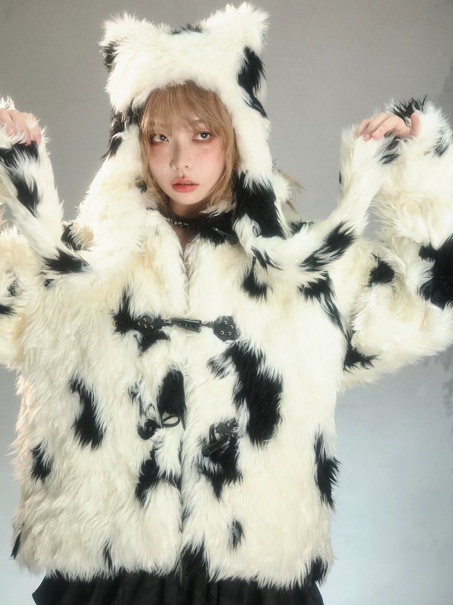 アウター ジャケット ファー コート ダルメシアン ヒョウ柄 白 黒