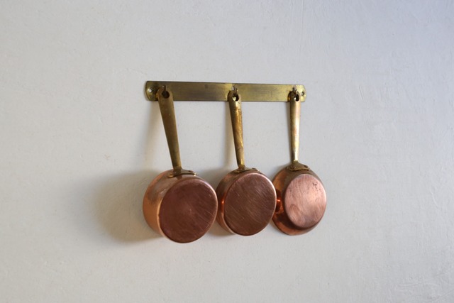 フランス アンティーク ヴィンテージ dinette ミニチュア コッパーパン 銅鍋 真鍮フック付き3点セット N-05783