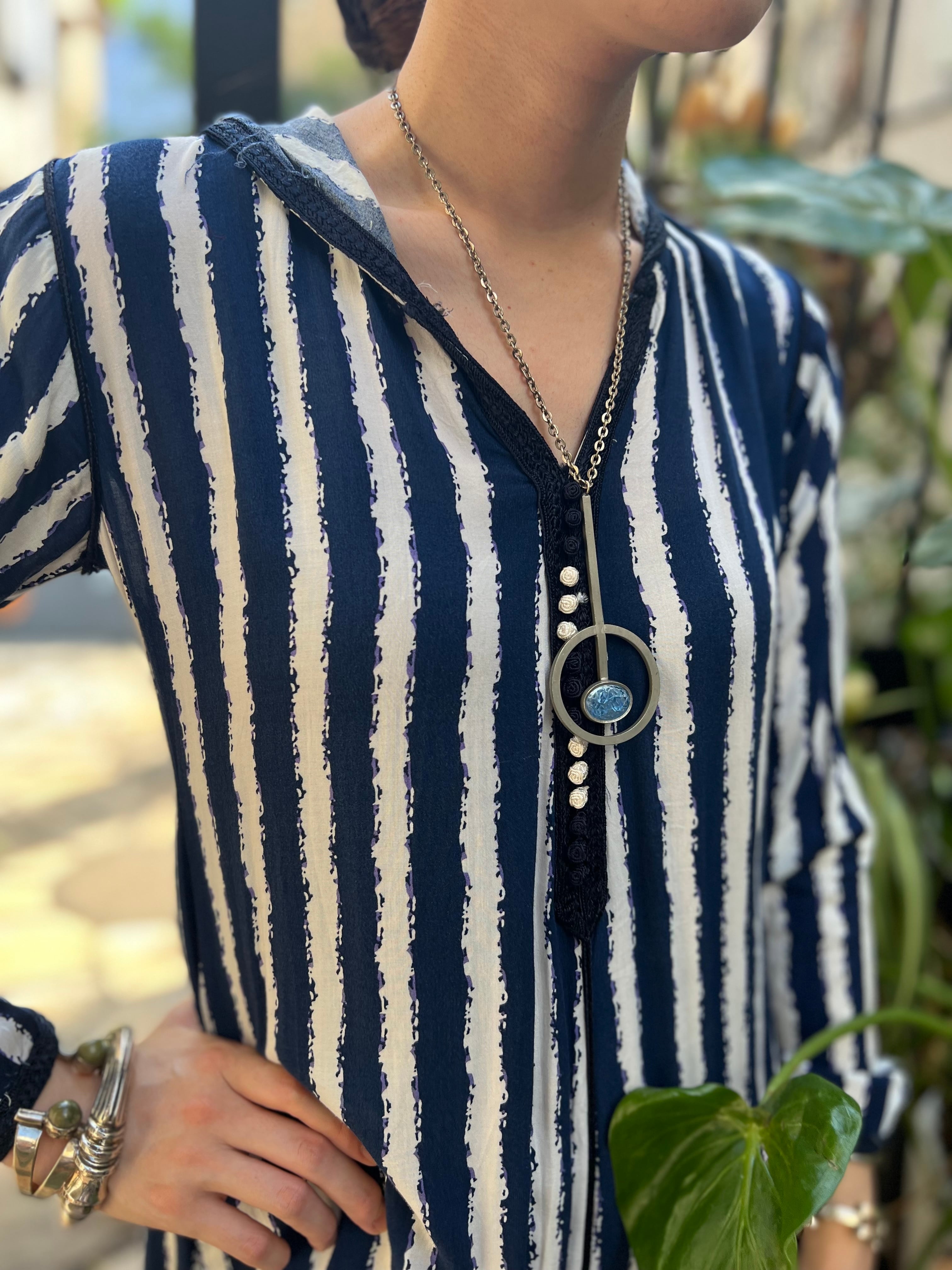 Vintage moroccan navy × white Stripe foodie dress ( ヴィンテージ