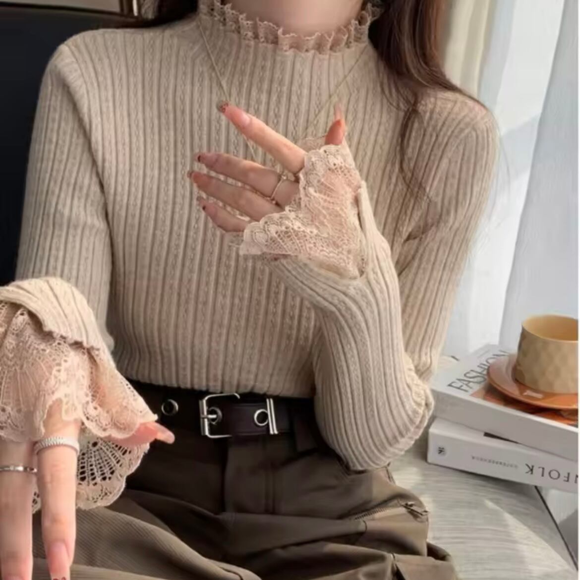 lace sleeve rib knit
