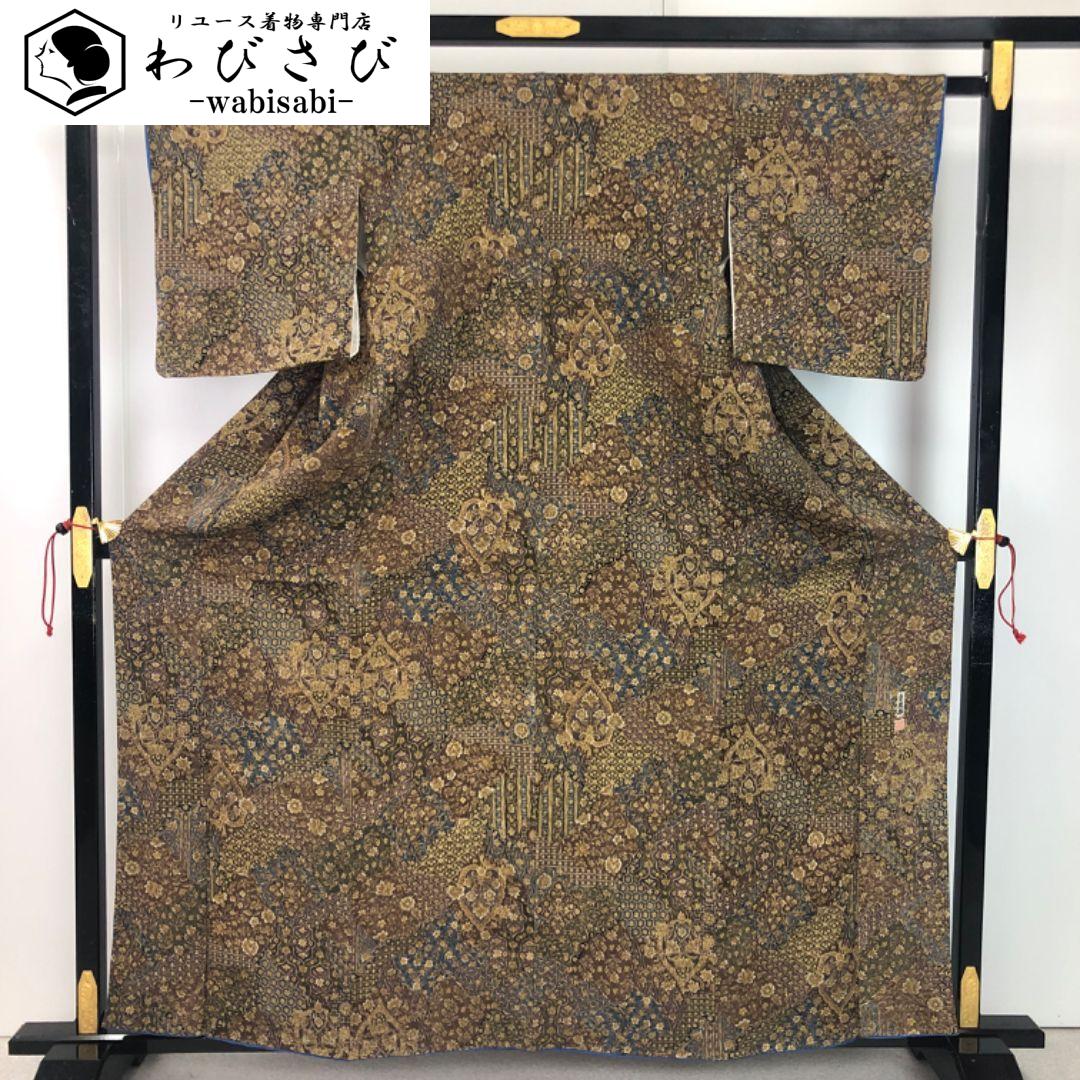 小紋 縦柄模様 麻の葉 花柄模様 金彩 縮緬 トールサイズ 墨色 K-3752 小紋 縦柄模様 麻の葉 花柄模様 金彩 縮緬 トールサイズ 墨色 K-3752