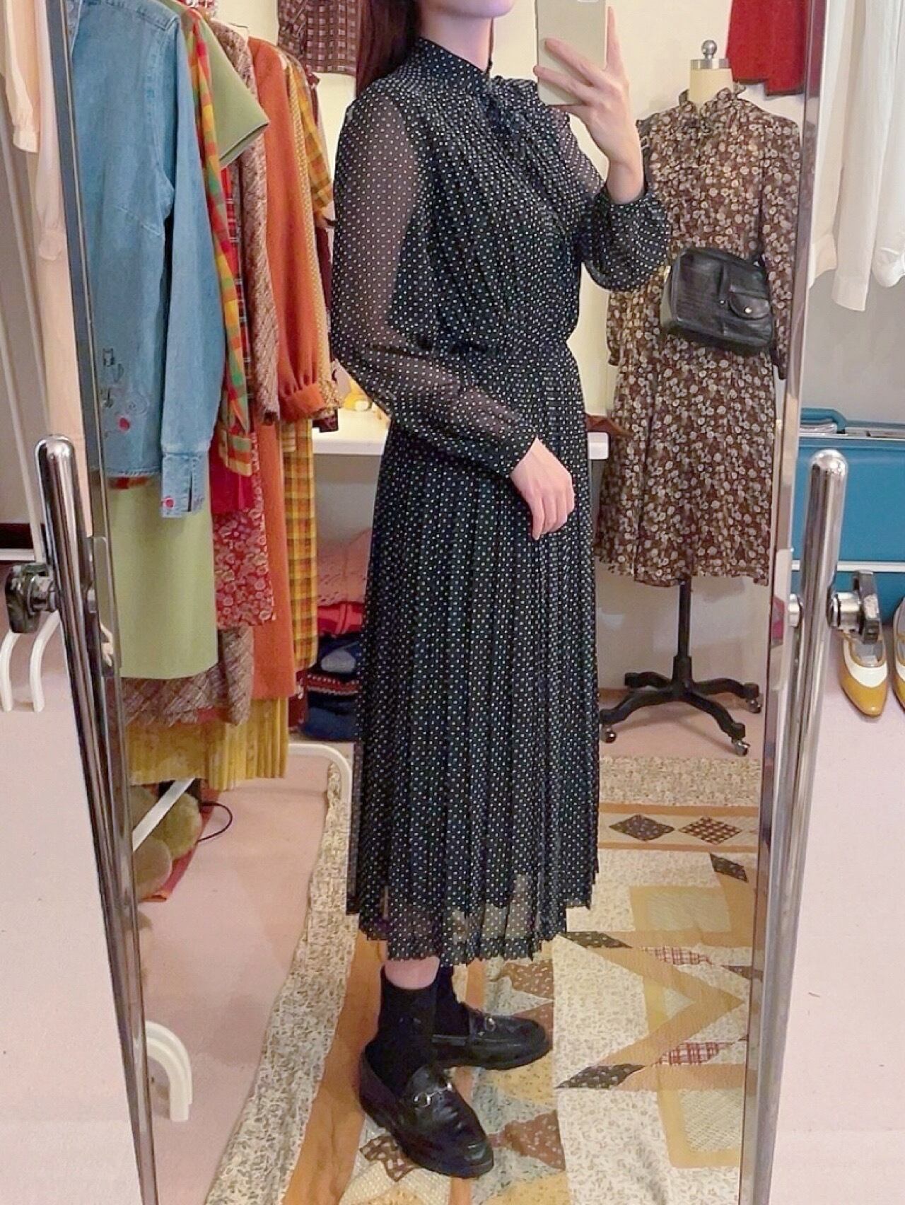 white dot pleats sheer one-piece