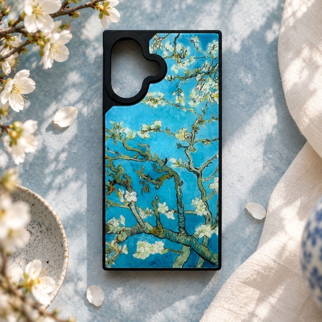 【フィンセント・ファン・ゴッホ】～花咲くアーモンドの木の枝～ 絵画スマホケースiPhone用 全機種対応 強化ガラス製