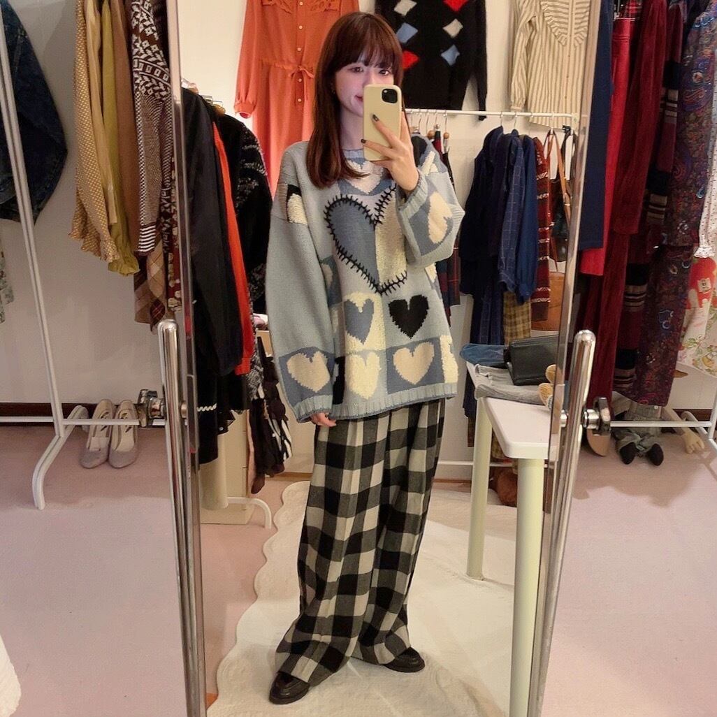 block check wool wide pants