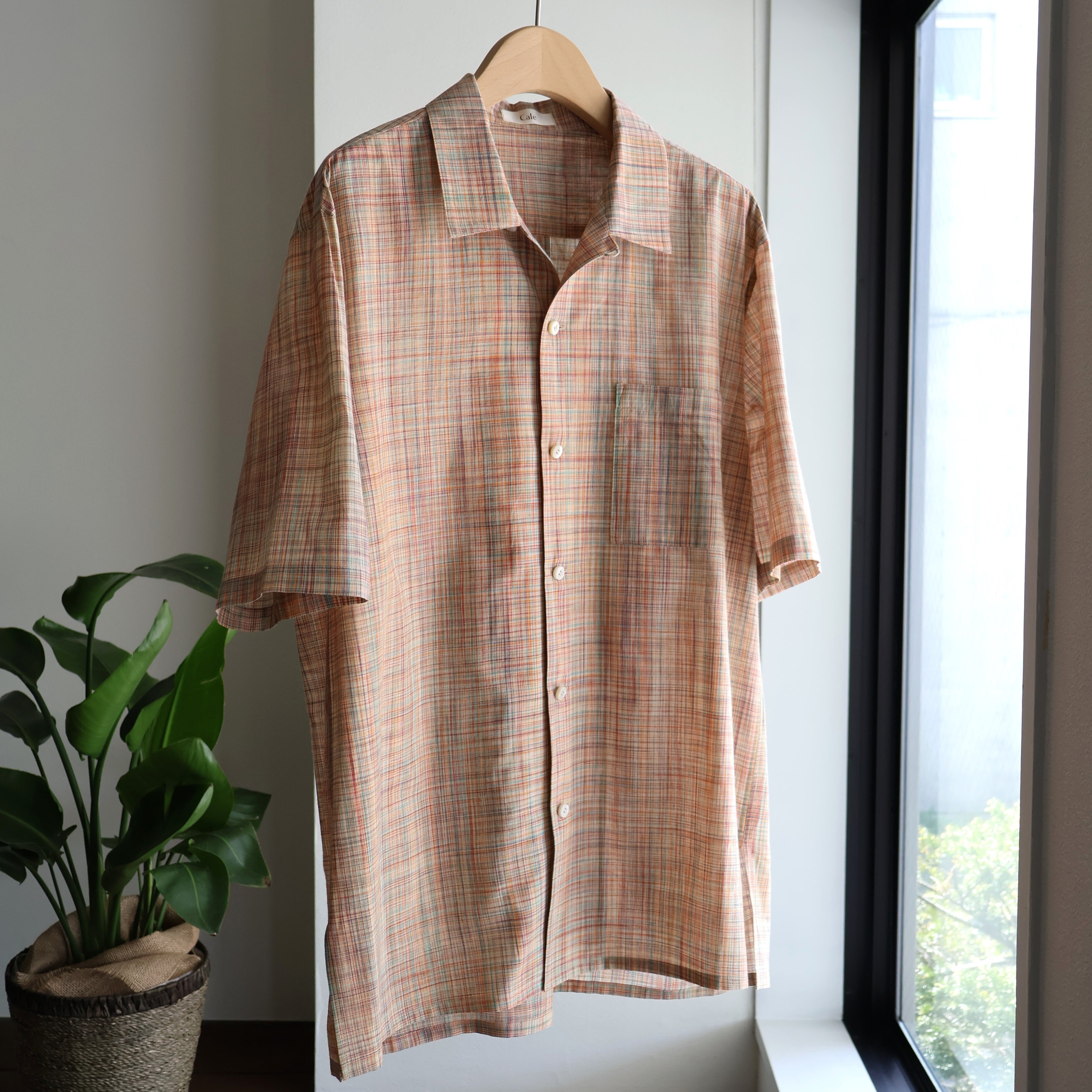Cale “ Cotton Ikat Check Open Collar S/S Shirt (Orange)” | H.inch