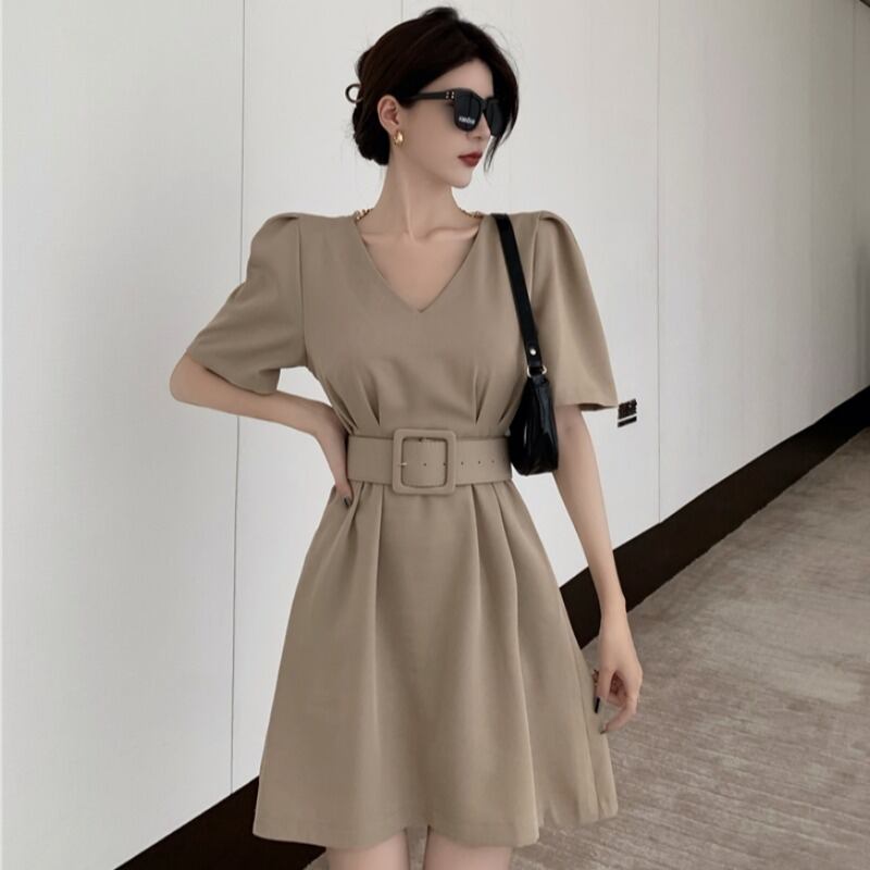 Vネックショートドレス カーキサマーAラインスカート ウェスト薄手 夏物 YY-ファッション15944456702