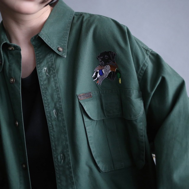 "刺繍" dog and bird one point design over size shirt