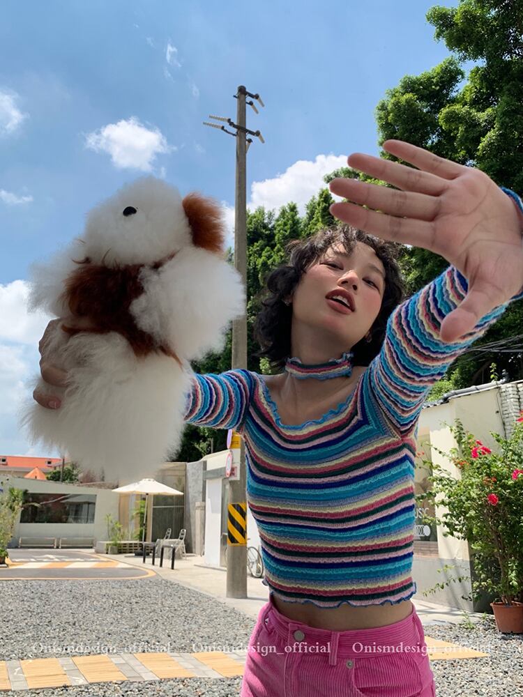 カラーストライプトップス スプリングオータムスタンダードスタイルスリムTシャツ ロング レトロ 春物 秋物 ビッグFスモールZ韓国54883023999