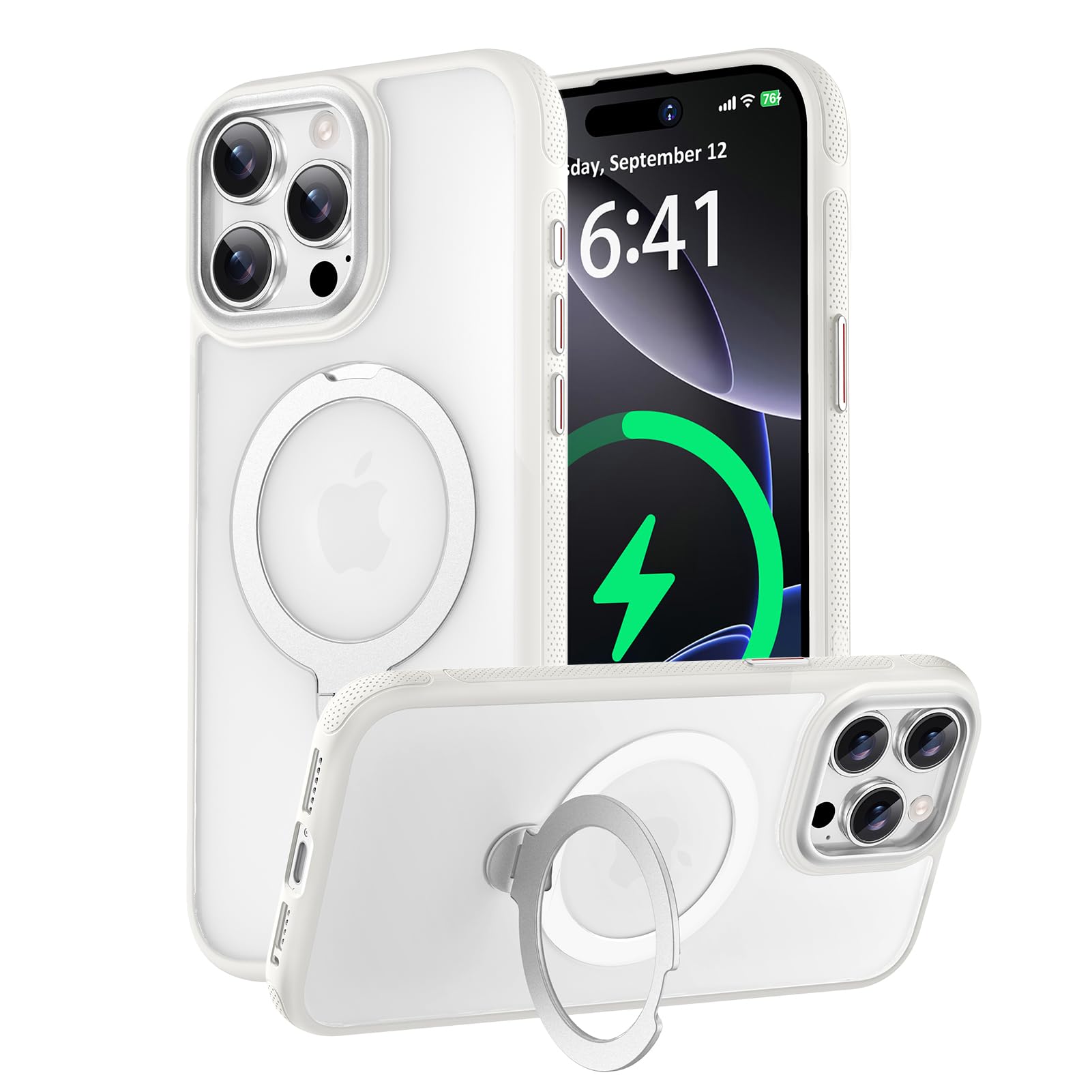 KISECASE iPhone 15 Pro 用 保護ケース MagSafe対応 ワイヤレス充電 リング 耐衝撃 磁気リング (半透明+ホワイト)