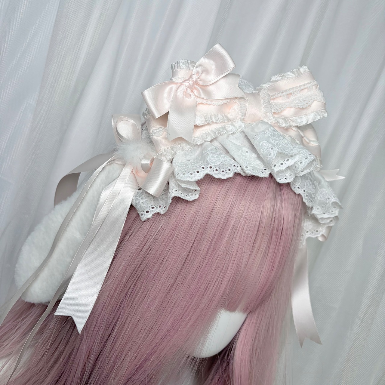 ♡ 【全4色】Milky bunny ぽんぽんリボン うさみみフリルレースヘッドドレス baby pink ♡