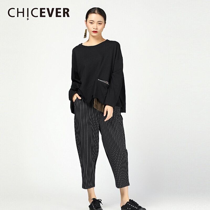 CHICEVER不規則なプルオーバートップスOネック長袖ヒットカラーポケットTシャツ女性2020春特大 ロング スプリング 春物 6base562939337282