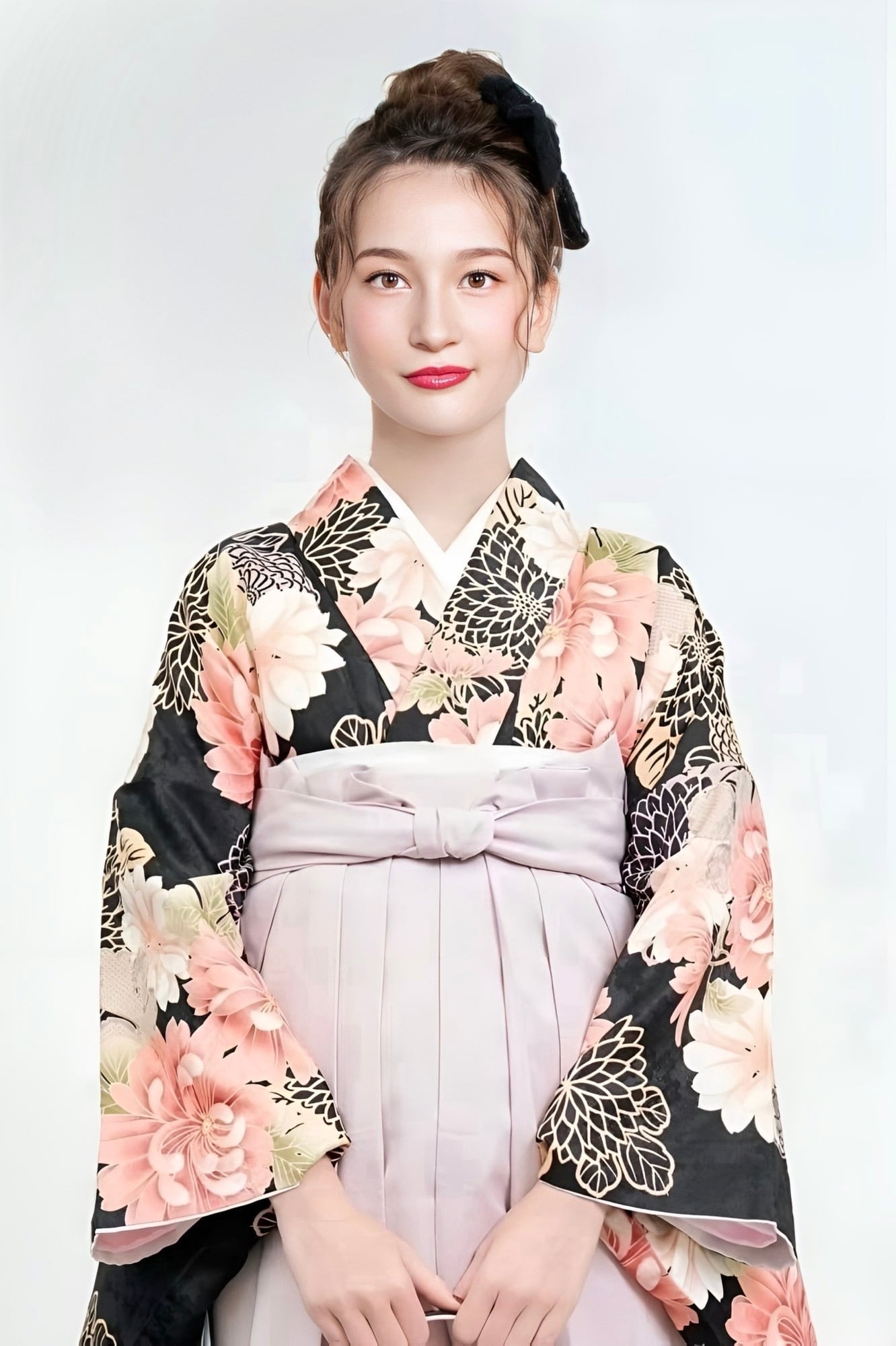 Kimono Sienne 卒業式袴3点セット 黒×ピンク 菊 袴 二尺袖着物 袴 卒業