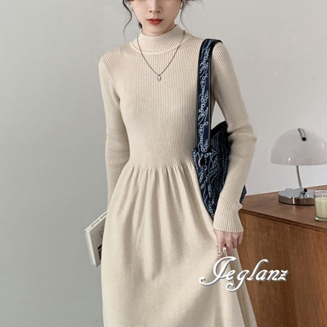 2色 ニット  ワンピース  モックネック Aライン シンプル派  上品 （MA925）γ