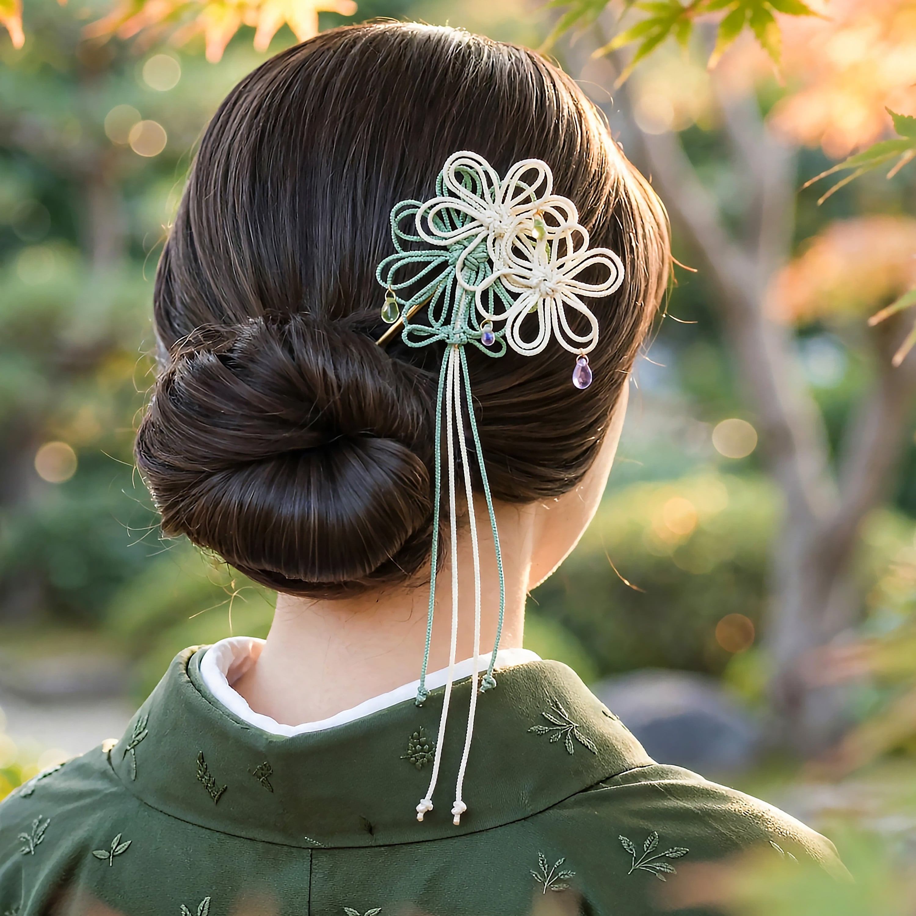 飾り結びかんざし「華うつし」(アイボリー×淡緑)【軽量】浴衣・着物・フォーマルの和装ヘアに。
