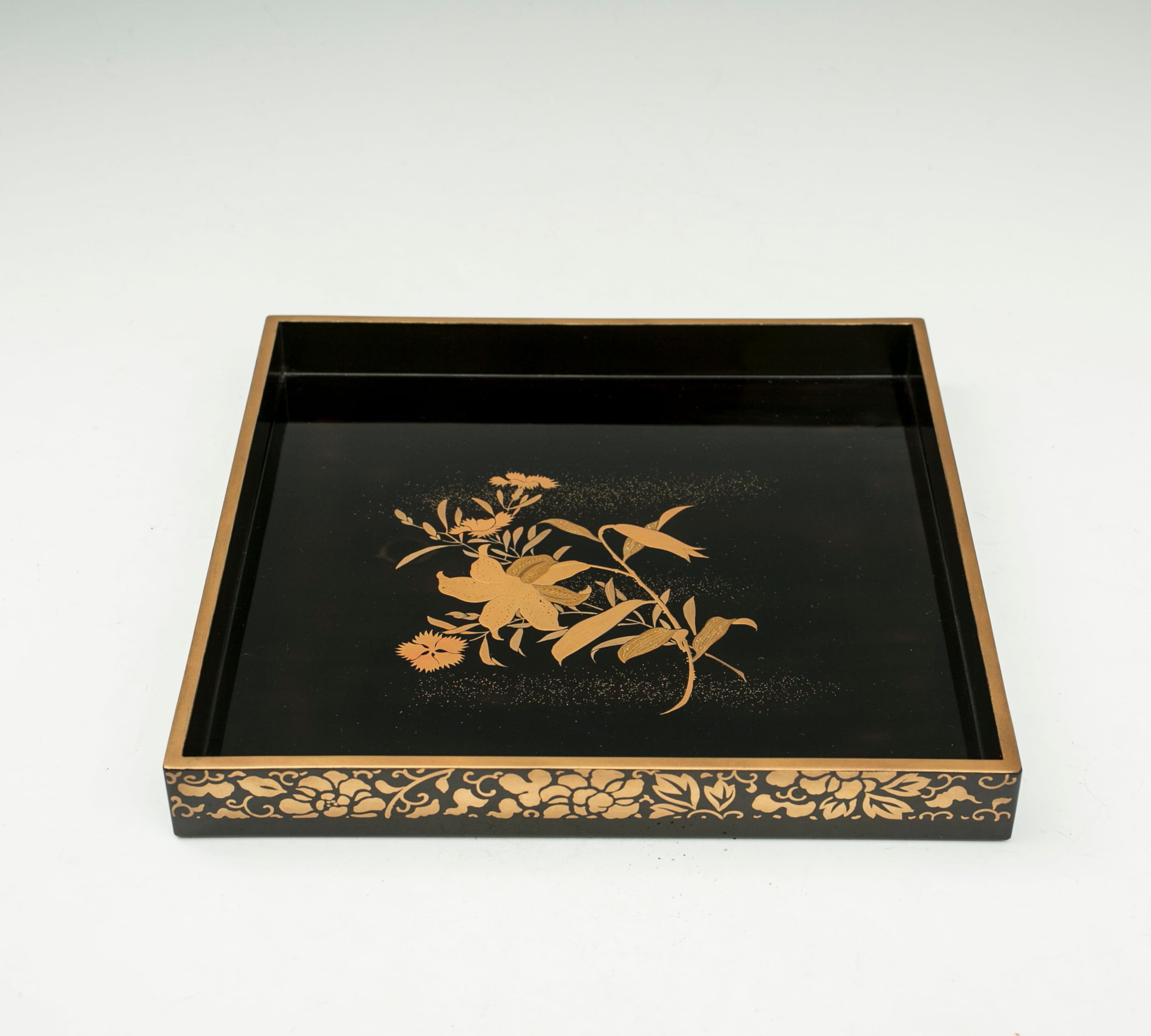 黒塗 草花蒔絵 撫子 百合 秋草 入れ子盆 廣蓋 二点組 四方盆 漆芸 木箱