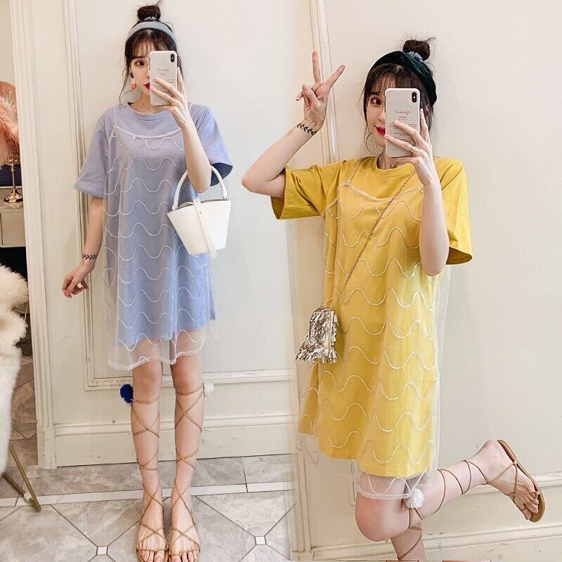 【新作】【送料無料】 マタニティ服ルーズスタイリッシュOネックサマーワンピースレイヤールックドレス妊婦ルーズ妊娠服 夏物 AL expec311680348058