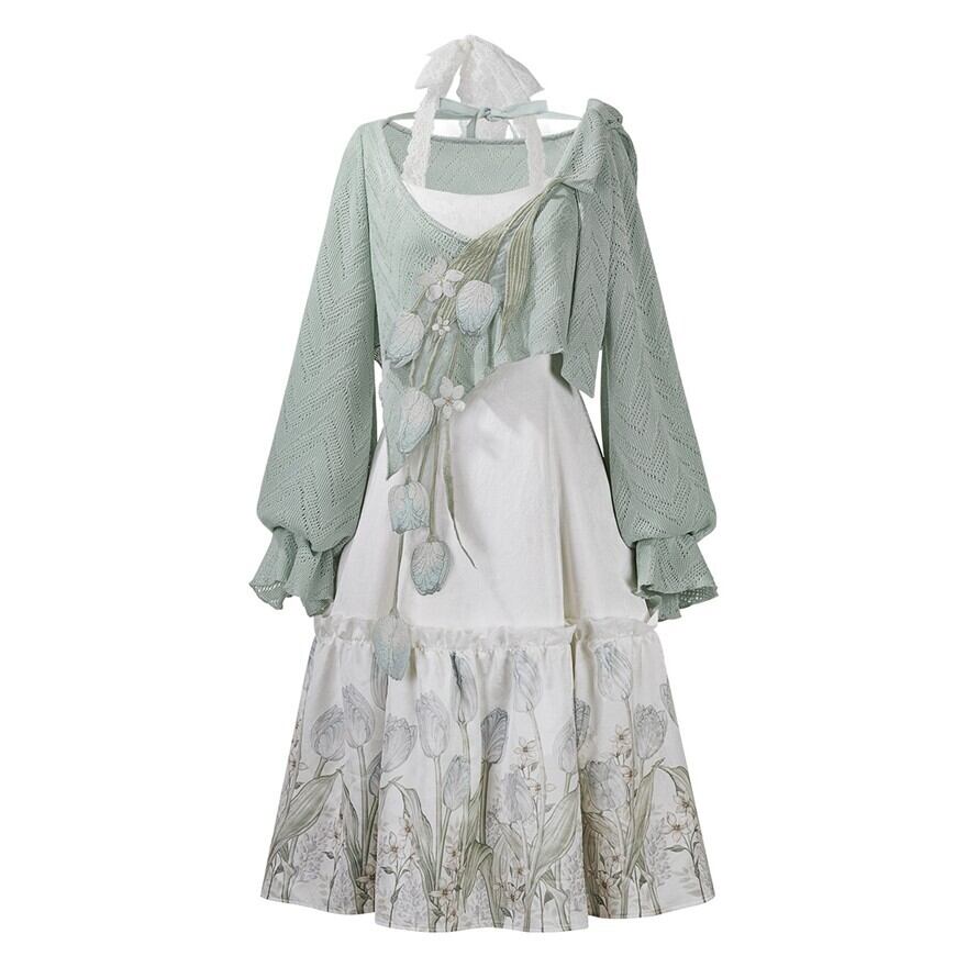ロリータファッション ミントボレロ付き花柄ロングワンピース