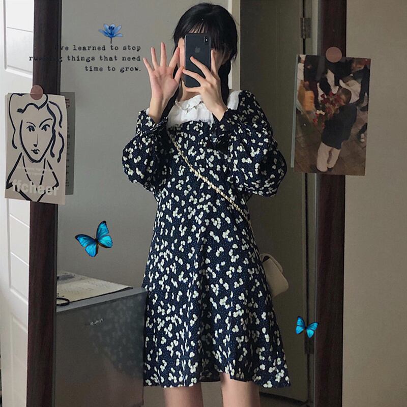 スリーブカラーレースフローラルドレス スプリングスカート ランタンスリーブ 大人ガーリー スウィート キュート カジュアル 春物 花柄 萌量不足17953290790