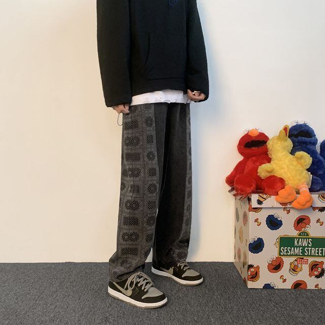 【予約販売】デニム メンズ ジーンズ フラワー 柄 ライン ストリート ブラック ブルー ルーズシルエット ダンス こなれ感 お洒落 韓国 トレンド S/M/L/XL/2XL/3XL