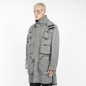 SALE 送料無料【HIPANDA ハイパンダ】メンズ フーディー ロングコート MEN'S MULTI-POCKET REFLECTIVE MATERIAL HOODED COAT / SILVER