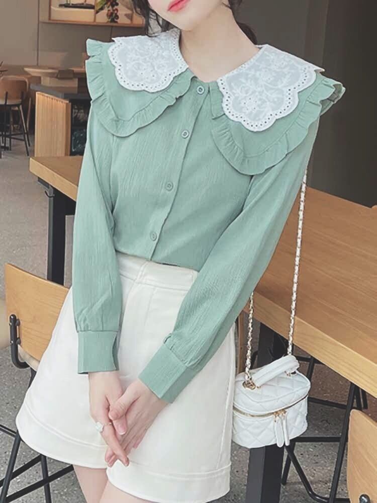 配色レースビッグカラー長袖ブラウス デート 女子会 襟付き レース バイカラー 大きいサイズ 韓国 CH5196