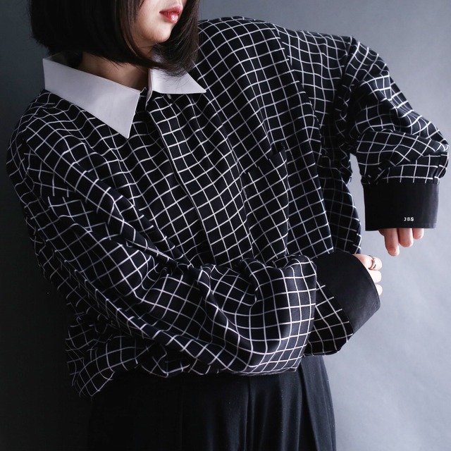 grid pattern switching design l/s super big shirt