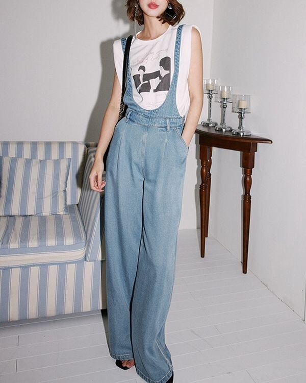Front tuck wide denim overalls TH3455 | Leithy