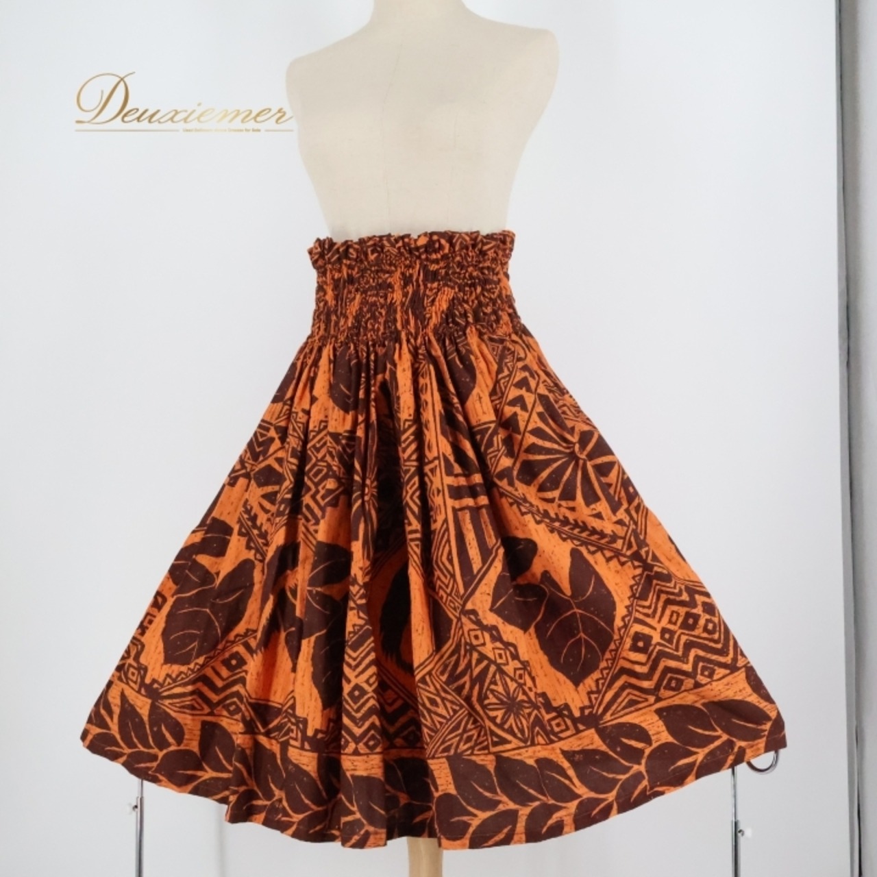 フラダンス 衣装 パウスカート オレンジ系 ハワイアンプリント アロハ ハワイアン タパ柄 グランジ加工 レッスン 練習 シングル スカート かわいい おしゃれ 華やか 上品 大人っぽい ブラウン系 橙 茶 フラ ダンス オレンジ ゴムウエスト シャーリング 練習着 フラダンス衣装 アロハシャツに合う フェスティバル