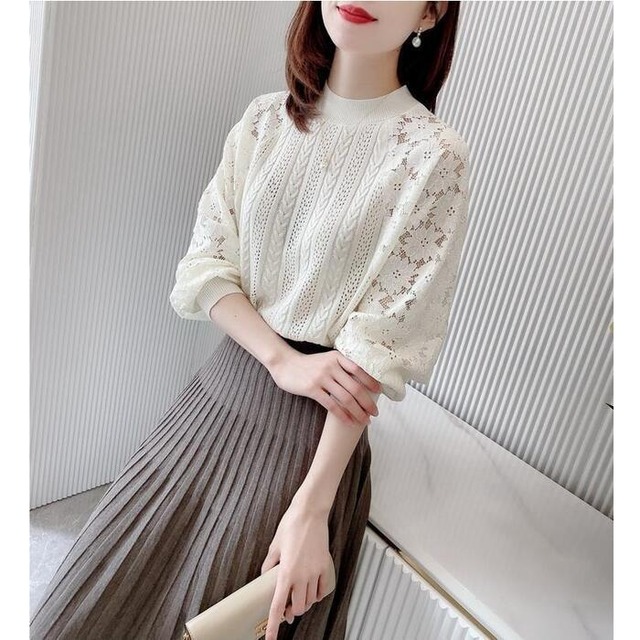 全2色 大きいサイズトップス ニット セーター レース ハイネック 花柄 レディース カジュアル おしゃれ 長袖 きれいめ フェミニン お出かけ オフィス 透け感 モックネック 大人可愛い ホワイト 白 ブラック 黒 春 秋 冬 代 30代 40代 50代 Like Fashion