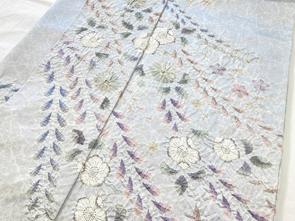 伯河貞雄 辻が花 絞り 銀通し 落款 訪問着 辻ヶ花 袷 正絹 水色 紫 白