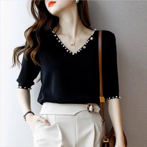 【送料無料】 トップス 3色 ブラウス 袖あり 半袖 Vネック プルオーバー ボタン 垢抜け ニット 伸縮性 かわいい 大人可愛い 大人女子 こなれ感 シンプル カジュアル 大人 上品 おしゃれ お洒落 ラフ コンサバ エレガント 無地 夏 20代 30代 40代 レディース 女性用 ママ ママ服 ママファッション デート お出かけ お茶会 女子会 休日 授業参観 着回し プチプライス カラバリ デイリーユース 普段使い 韓国 オルチャン ファッション コーデ スタイル 楽ちん 着痩せ インスタ映え