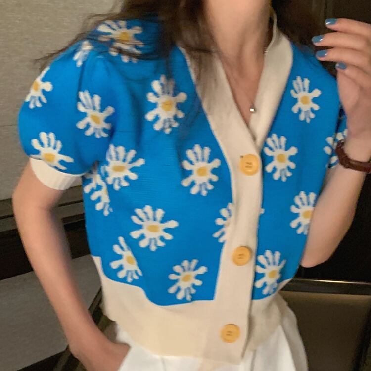 カラーFlowerデザイン ショートセーター サマースタイル薄手スリムボタン半袖スリーブトップス ハーフスリーブ 夏物 フラワーデザイン ビッグFスモールZ韓国67941520762