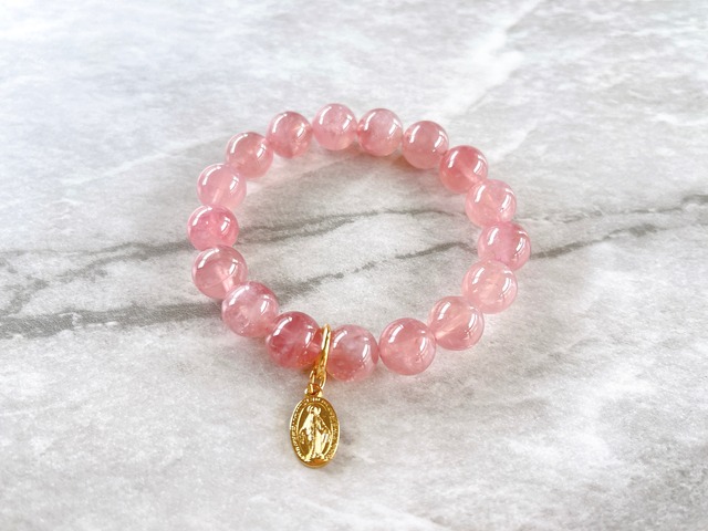 高品質ディープローズクォーツ10mm✧不思議のメダイ✧チャームブレスレット✧シンプルブレスレット✧