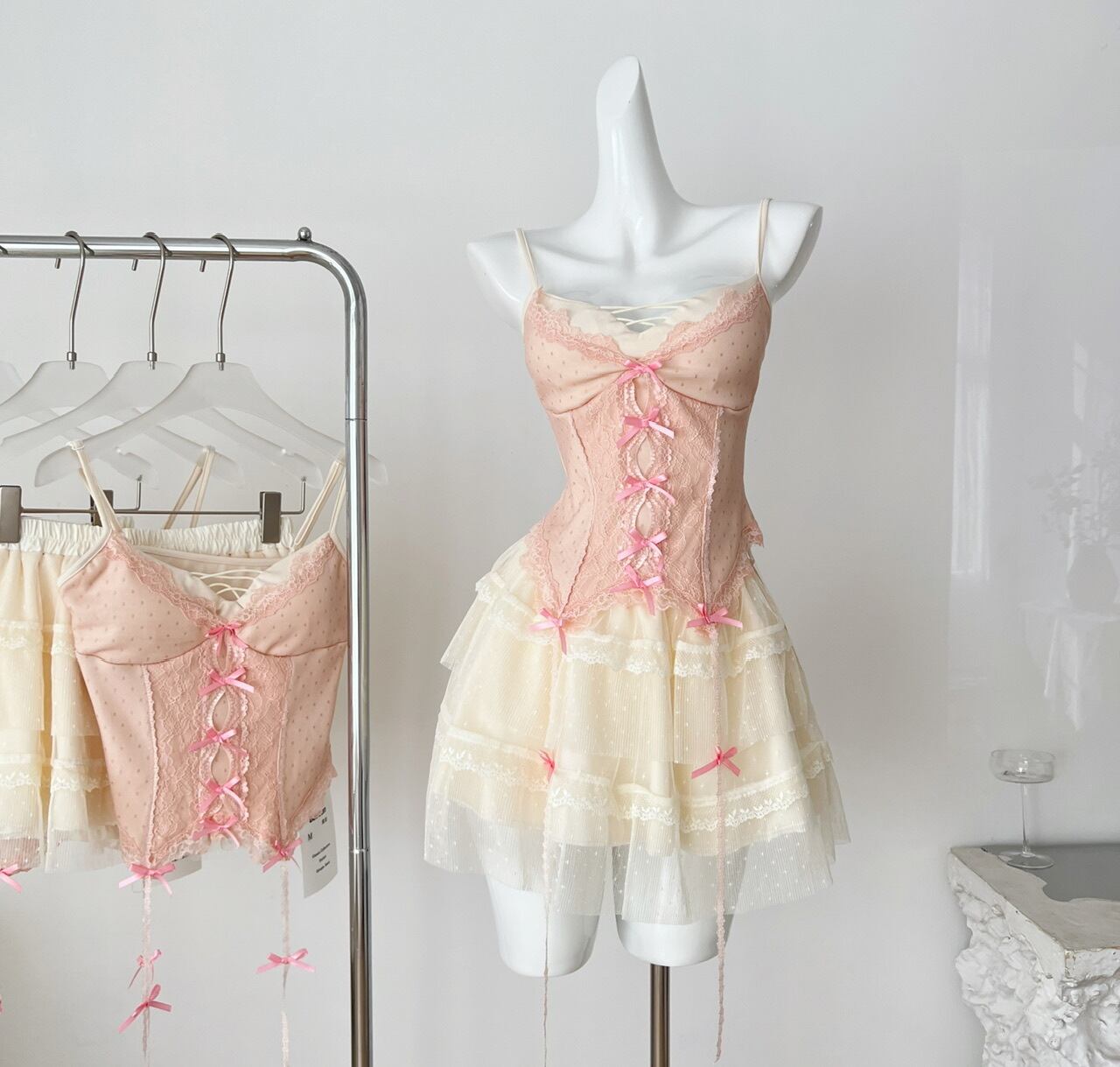 【set】リボン付きレースドッキングキャミソール×スカートセット M32836