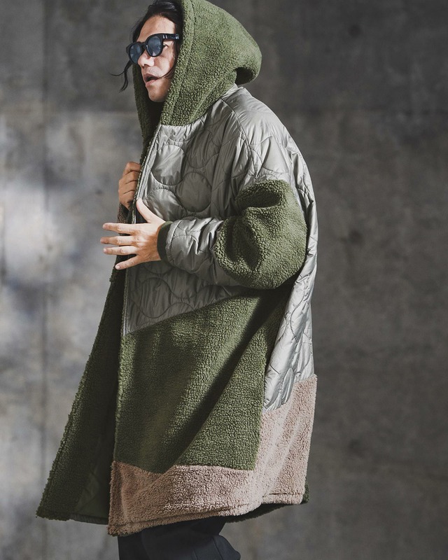 【GLIMCLAP】テクスチャーパッチワークフーディーコート　(192-032-gla-cf)