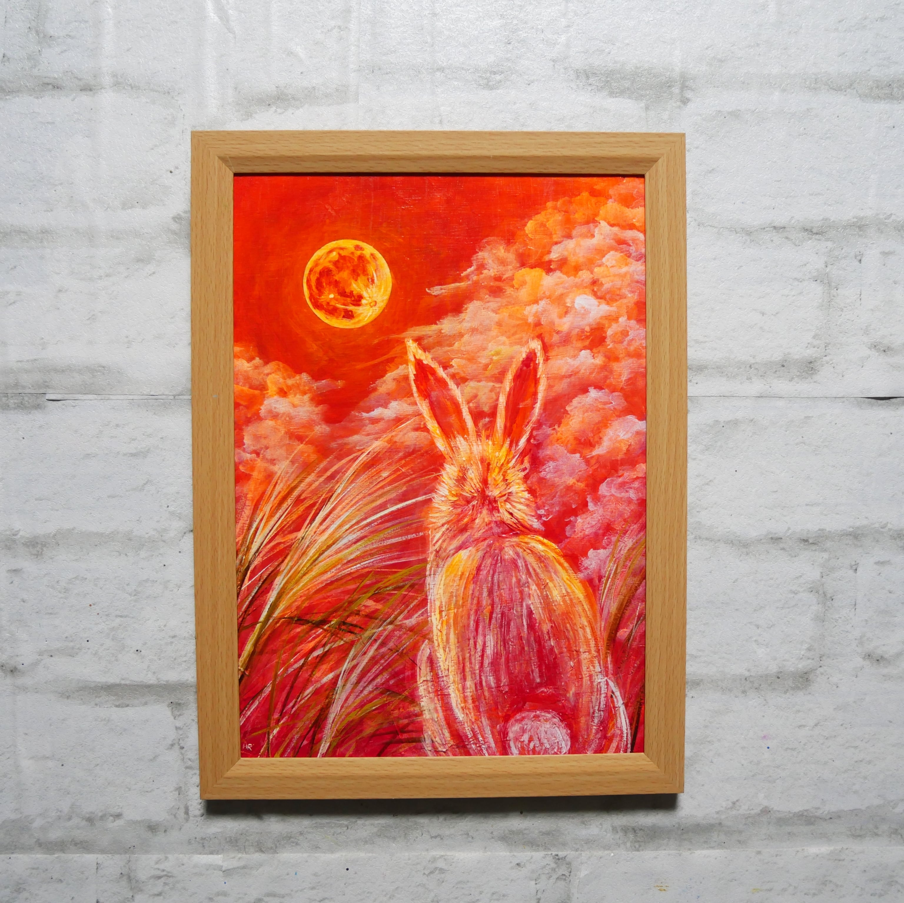 油絵 油彩 油彩画 絵画 絵【オレンジの月うさぎ】 | HIROSHI1990