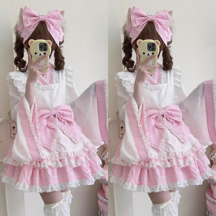 メイドワンピ 和ロリ 5点セット エプロン カチューシャ付き サブカル服