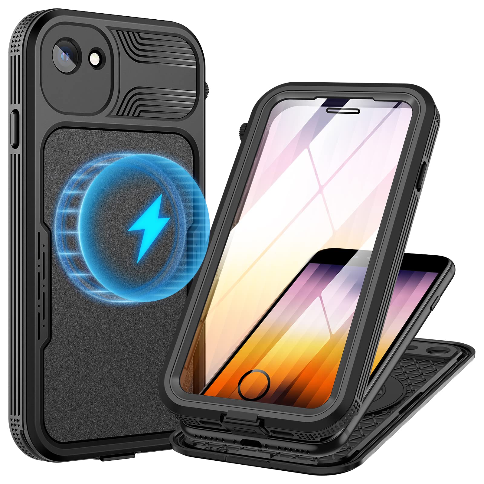 Lanhiem iPhone SE3/SE2/8/7 用 ケース iPhone 2022 第3世代 防水ケース (4.7インチ) 完全防水 IP68米軍規格 指紋認証 タッチ可 耐衝撃 滑り止め 防塵 防雪 水中撮影 超軽量 薄型 全面保護カバー ストラップホール付き MagSafe対応アイフォン7 / 8 / SE2/SE3 防水ケース ブラック
