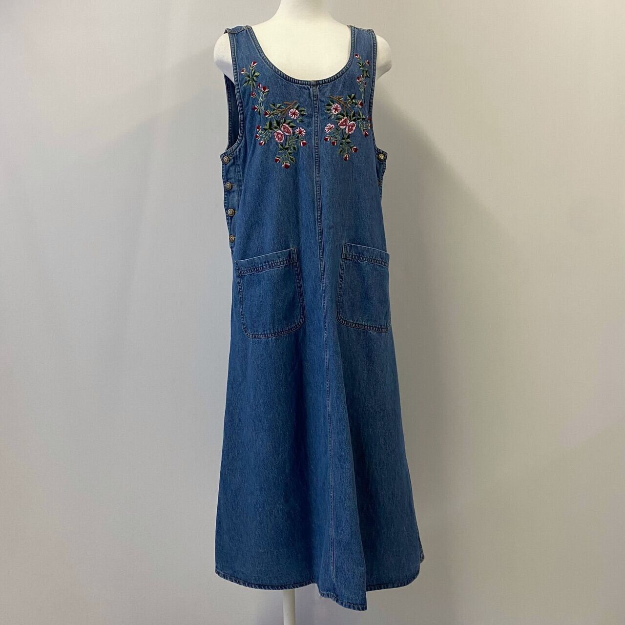 JANE ASHLEY 花柄 花刺繍 フロントポケット デニム ノースリーブ