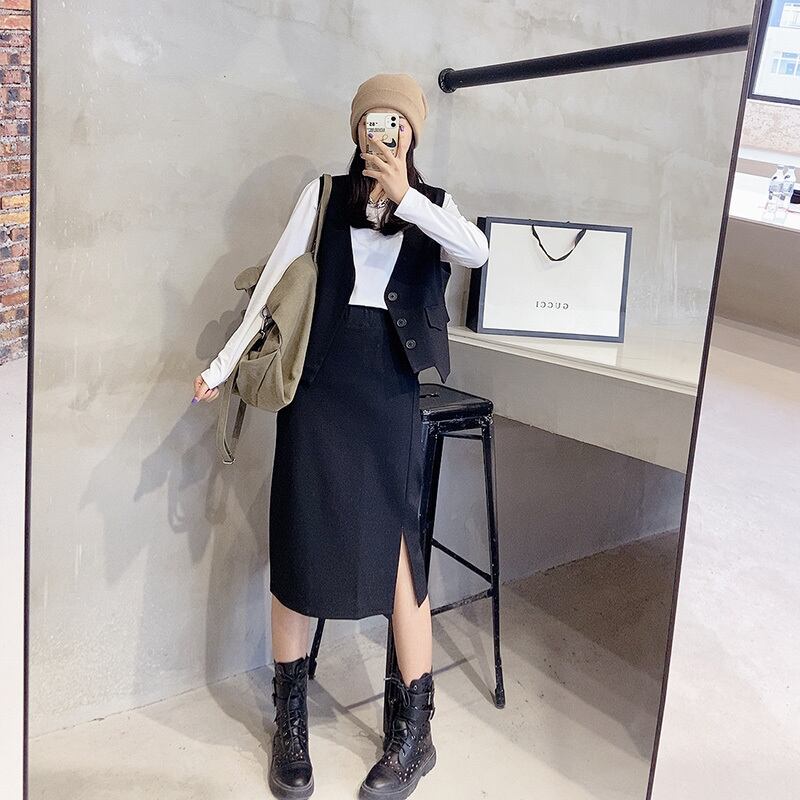 プラスサイズの女性の2020年秋の服新しい太った姉妹は薄い洋風ベストスカート初秋のスリーピーススーツに見えます ミックスインファッション68243815416