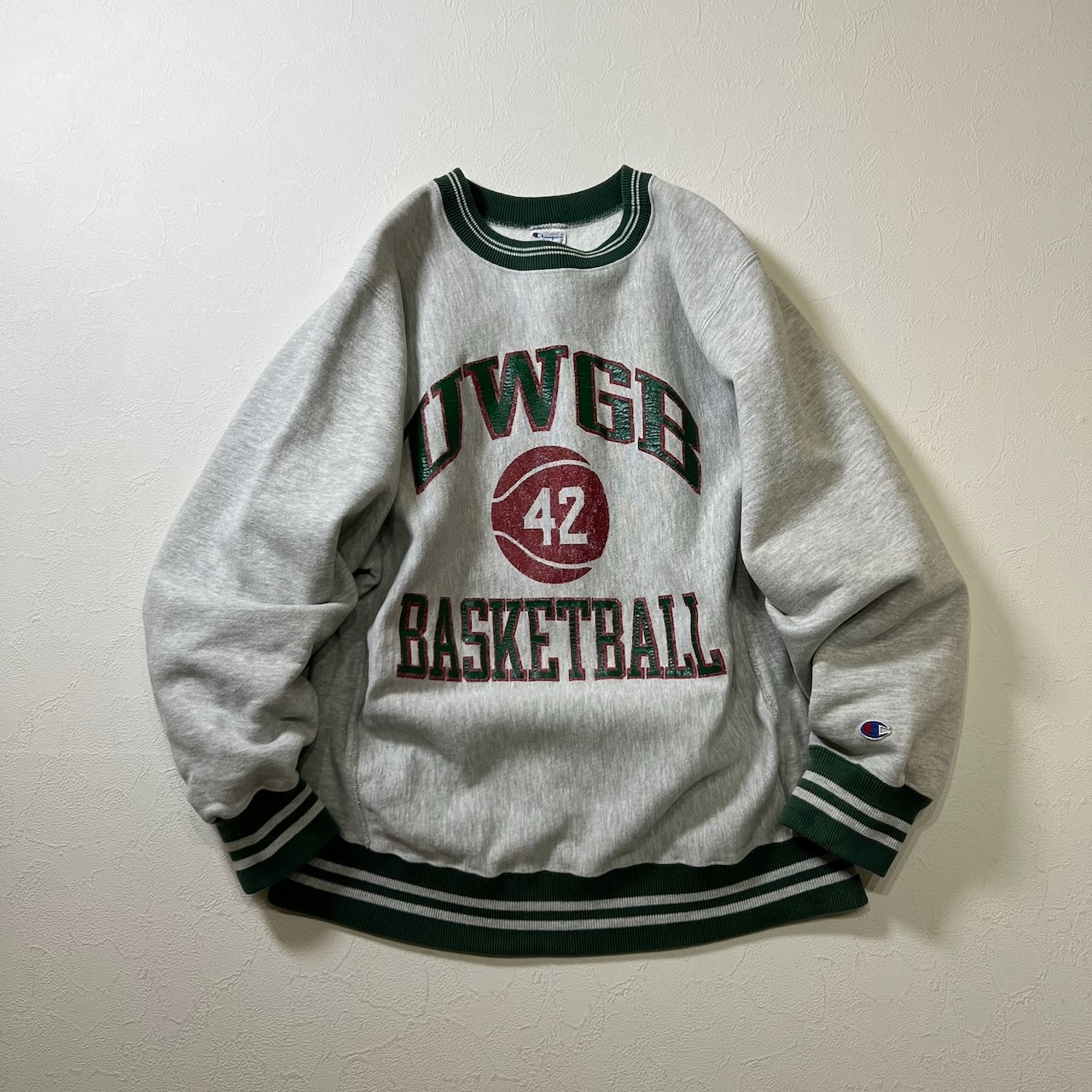 90s USA champion REVERSE WEAVE カレッジロゴ ボーダーリブ スウェット リバースウィーブ チャンピオン 霜降りグレー グリーン M 古着