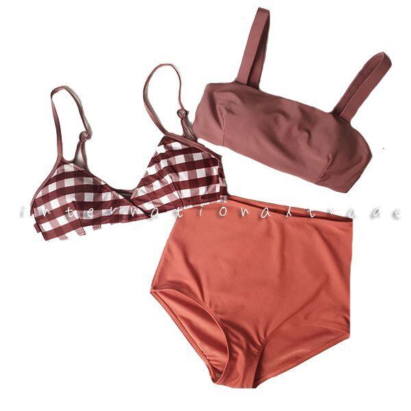レディース水着 3点セット ビキニ レトロ ハイウエスト ギンガムチェック チェック柄 無地 シンプル ブラウン 茶色 レッド 赤 大人 オトナ トップス2種類 セパレート M L Xl W9015 Styleline レディース水着 3点セット ビキニ レトロ ハイウエスト ギンガムチェック チェック柄 無地 シンプル ブラウン 茶色 レッド 赤 大人 オトナ トップス2種類 セパレート M L Xl W9015 Styleline
