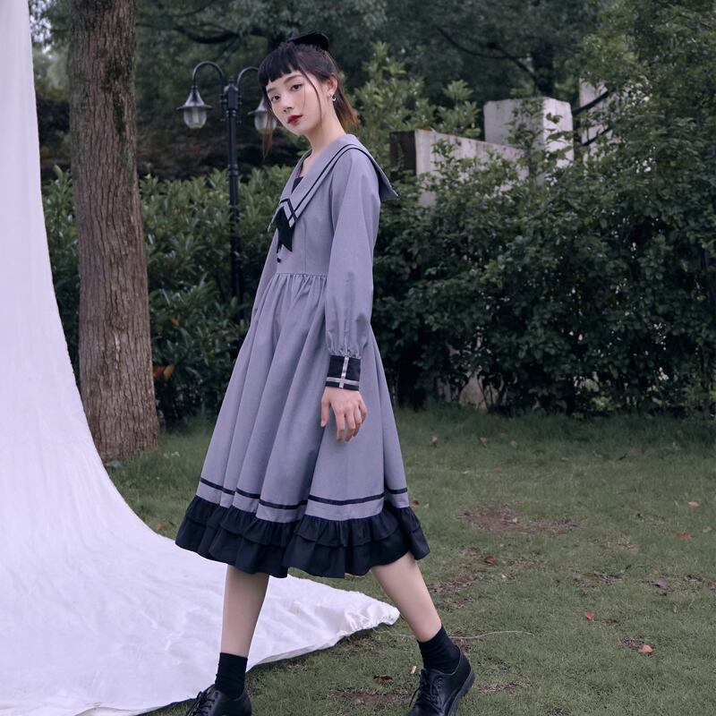 花崎鹿シリーズ ワンピース セーラー 可愛い オリジナル 学園祭 少女 グレー S M ゆったり レディースファション Elegant