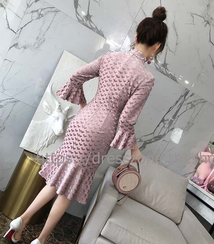 チャイナ風ドレス ショートワンピース 大きいサイズ S M L Ll パーティー 二次会 入園式 卒業式 普段着 レトロ 気質良い スタンドネック スピーカースリーブ スリット 民族風 ピンク フィッシュテール レース ラインストーン ベルベット Dresszone