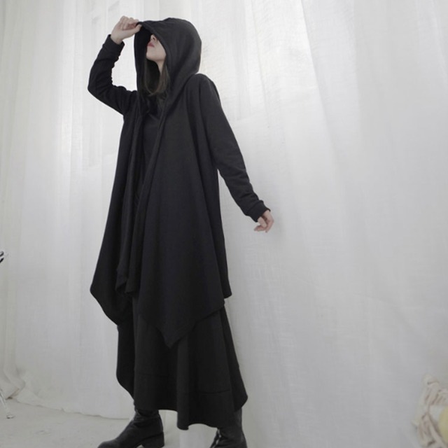 フード付き レイヤード ロングカーディガン メンズ ユニセックス 黒