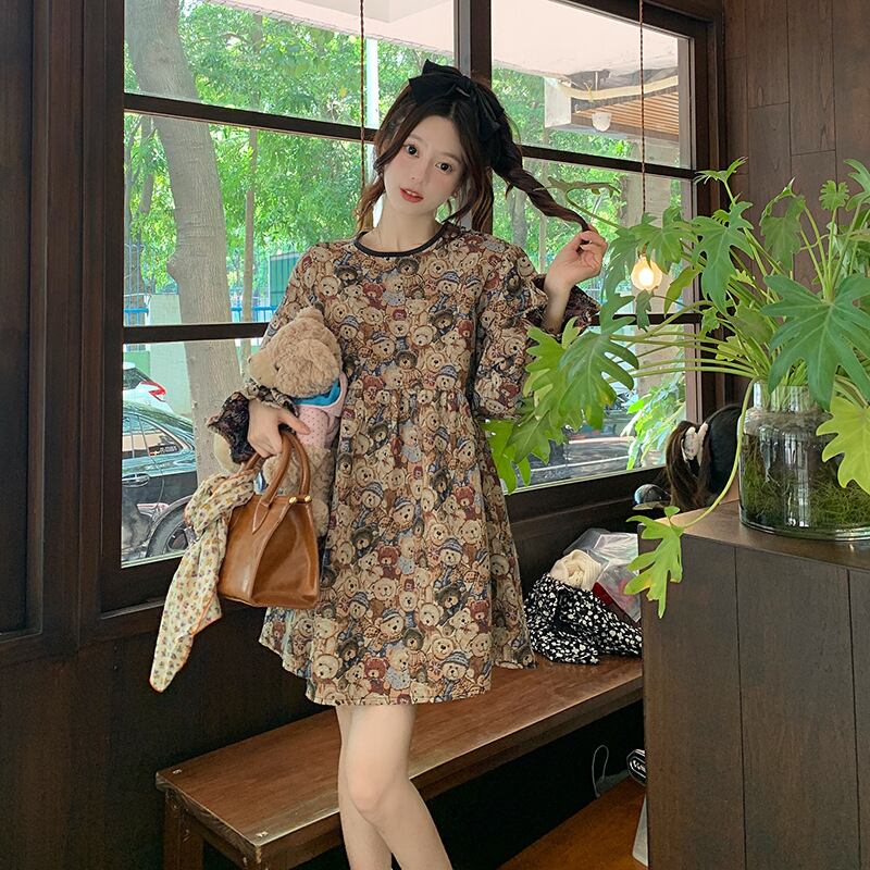 【新作】【送料無料】 フランスのレトロなクマの女性用パフスリーブドレス、ゆるくてかわいいデザインのニッチスカートの実物ショット 0242594547115