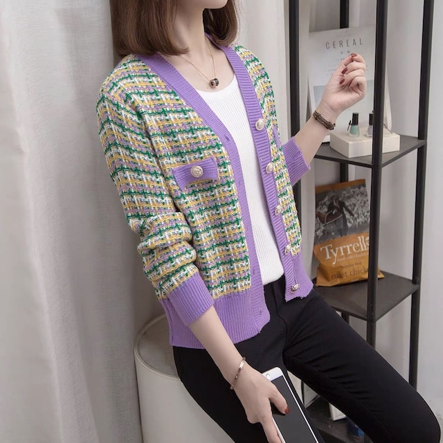 ツイードニュアンス ニットカーディガン ラベンダーマルチ NI00045 ツイードニュアンス ニットカーディガン ラベンダーマルチ NI00045